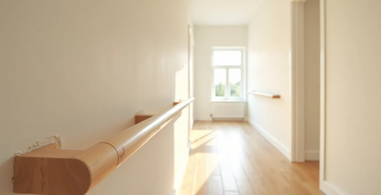 Couloir lumineux d'une résidence senior avec main courante en bois le long du mur