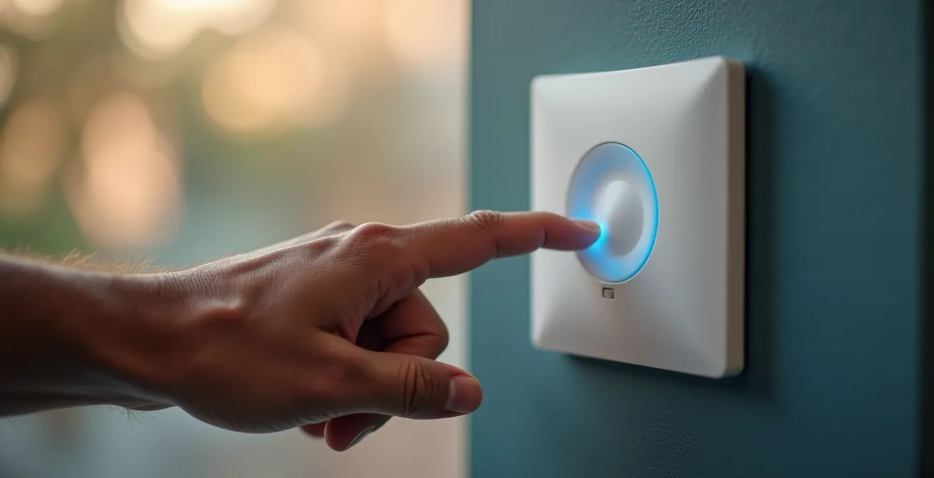 Main d'une personne âgée actionnant un interrupteur domotique moderne