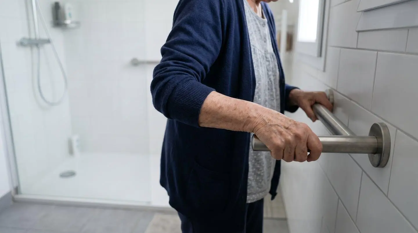 Personne senior utilisant une barre d'appui murale pour maintenir son équilibre à l'entrée d'une douche