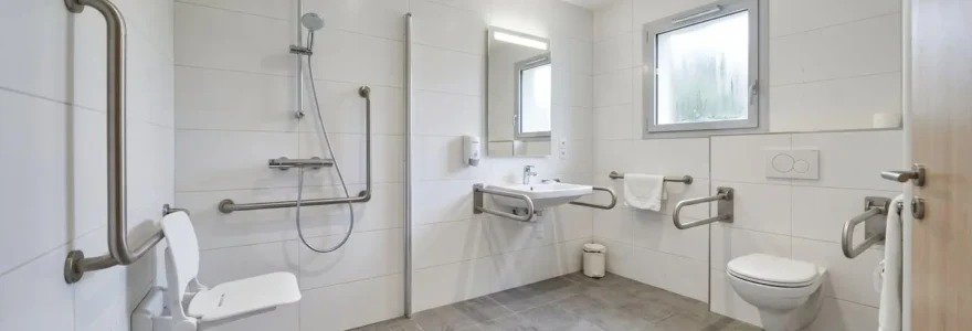 Salle de bain adaptée en EHPAD avec douche de plain-pied, barres d'appui murales et siège rabattable