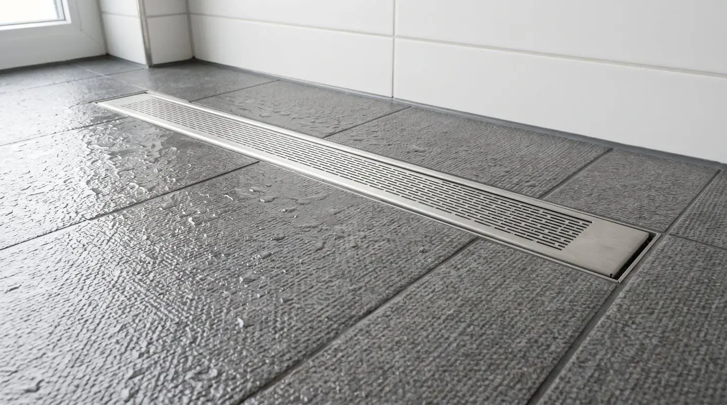 Détail d'un sol de douche de plain-pied avec revêtement antidérapant gris et siphon linéaire extra-plat intégré