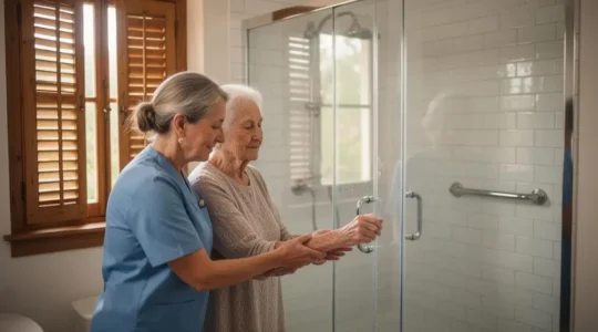 Une auxiliaire de vie accompagnant avec bienveillance une personne âgée dans une salle de bain adaptée et lumineuse, dans un intérieur français