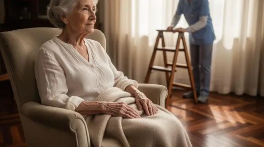 Une senior française sereine chez elle pendant qu'une aide à domicile s'occupe d'une tâche difficile en arrière-plan
