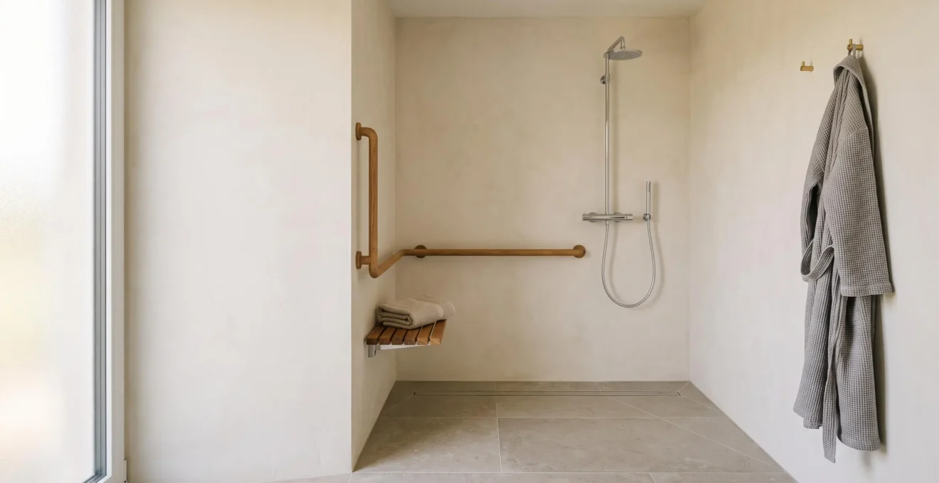 Douche à l'italienne moderne et épurée dans une salle de bain adaptée aux seniors, baignée de lumière naturelle