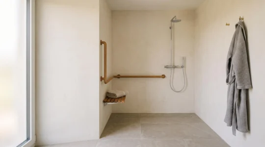Douche à l'italienne moderne et épurée dans une salle de bain adaptée aux seniors, baignée de lumière naturelle