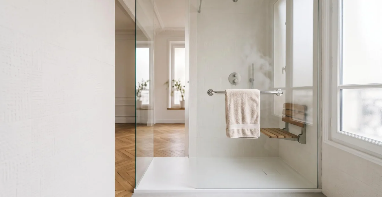 Douche à l'italienne épurée et sécurisée dans une salle de bain de style français, alliant sécurité et esthétisme