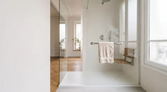Douche à l'italienne épurée et sécurisée dans une salle de bain de style français, alliant sécurité et esthétisme