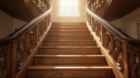 Escalier en bois d'une maison française baigné de lumière naturelle, symbole du maintien à domicile des seniors