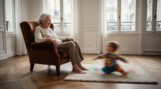 Grand-parent souriant assis dans un salon lumineux et épuré, observant avec tendresse son petit-enfant qui joue en toute sécurité à proximité