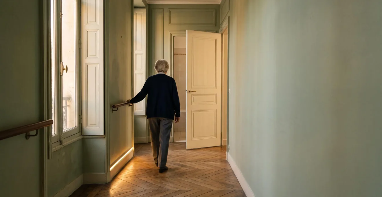 Intérieur français lumineux et épuré illustrant un habitat senior sécurisé, avec espace de circulation dégagé