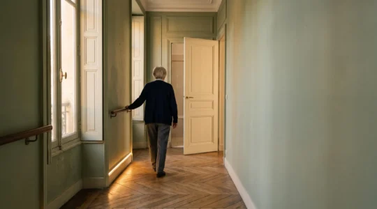 Intérieur français lumineux et épuré illustrant un habitat senior sécurisé, avec espace de circulation dégagé