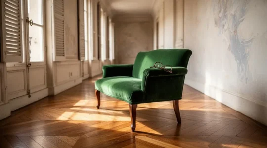 Fauteuil confortable placé près d'une fenêtre lumineuse dans un intérieur français, symbolisant un point de repos accessible pour senior