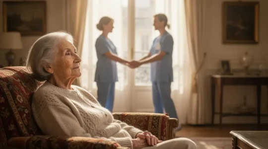 Aidant familial et auxiliaire de vie coordonnant ensemble le quotidien d'une personne âgée dans un appartement lumineux et chaleureux typiquement français