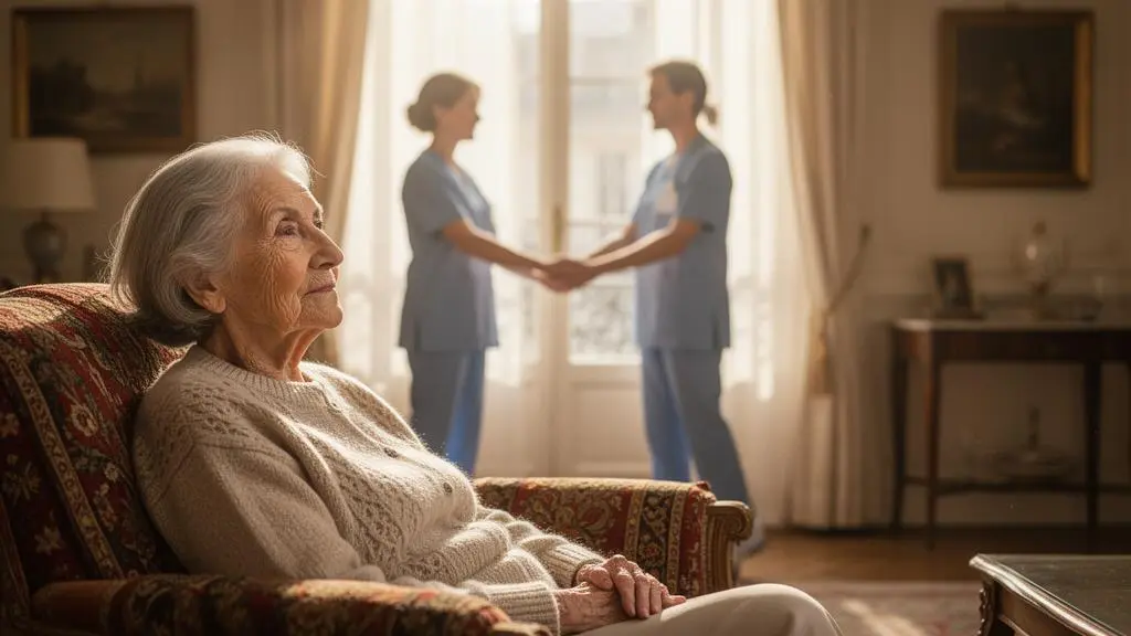 Aidant familial et auxiliaire de vie coordonnant ensemble le quotidien d'une personne âgée dans un appartement lumineux et chaleureux typiquement français