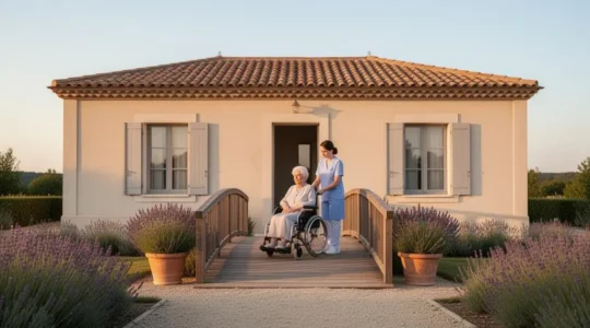 Rampe d'accès en bois installée devant une maison française pour permettre à une personne âgée en fauteuil roulant de franchir un seuil