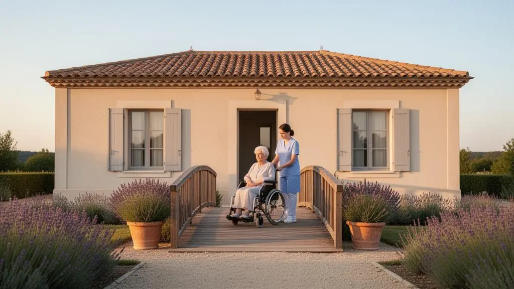 Rampe d'accès en bois installée devant une maison française pour permettre à une personne âgée en fauteuil roulant de franchir un seuil