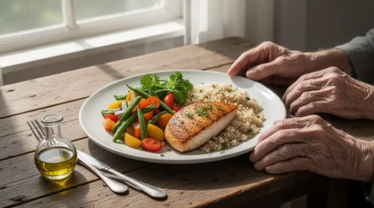 Table dressée avec un repas simple, coloré et équilibré pour une personne âgée, sans ustensile de cuisine visible