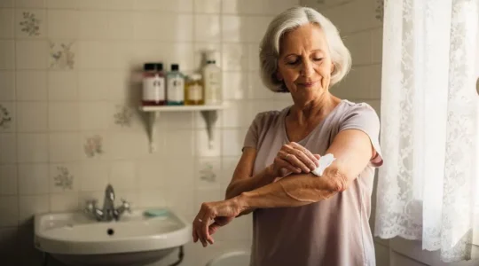 Femme senior dans une salle de bain lumineuse appliquant un soin doux sur sa peau mature, ambiance chaleureuse à la française