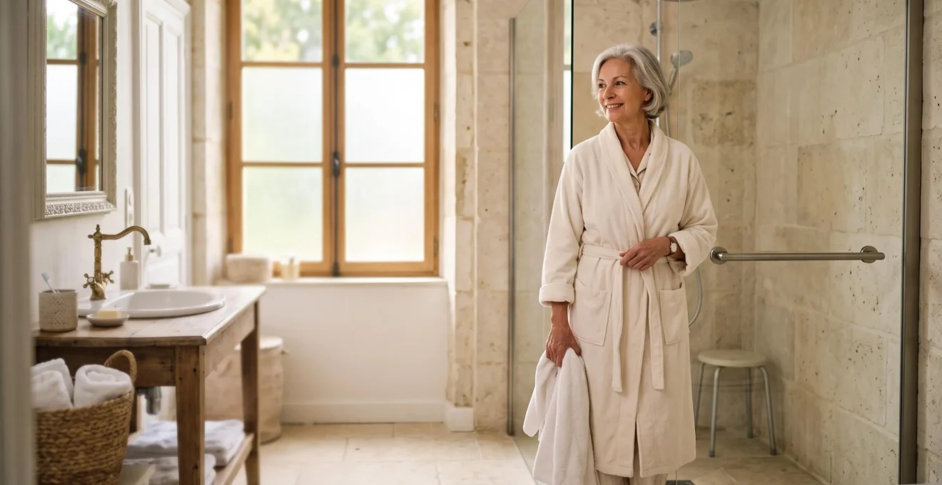 Salle de bain moderne et securisee amenagee pour une personne agee, lumineuse et epuree