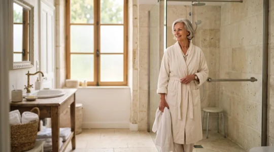 Salle de bain moderne et securisee amenagee pour une personne agee, lumineuse et epuree