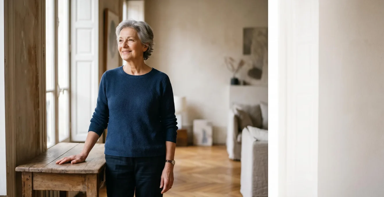 Senior de plus de 70 ans pratiquant un exercice d'équilibre en toute sécurité près d'un appui dans son salon lumineux