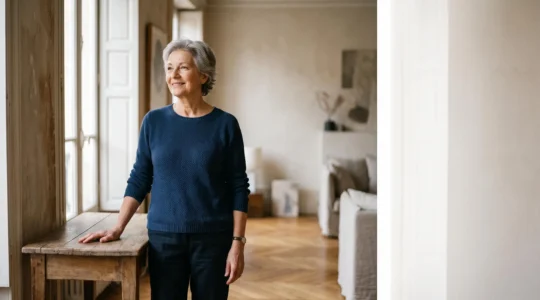 Senior de plus de 70 ans pratiquant un exercice d'équilibre en toute sécurité près d'un appui dans son salon lumineux