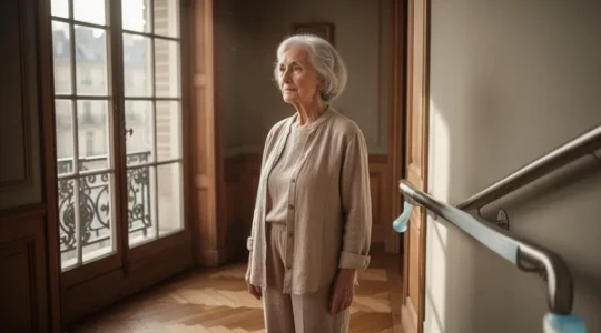 Senior français actif et souriant dans un intérieur lumineux et sécurisé, symbole de prévention de la dépendance