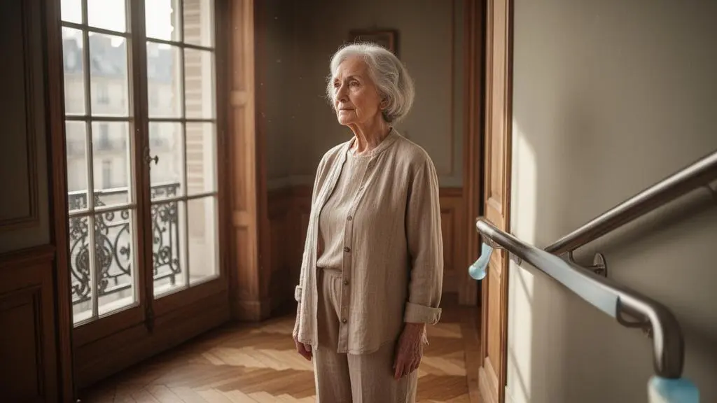 Senior français actif et souriant dans un intérieur lumineux et sécurisé, symbole de prévention de la dépendance