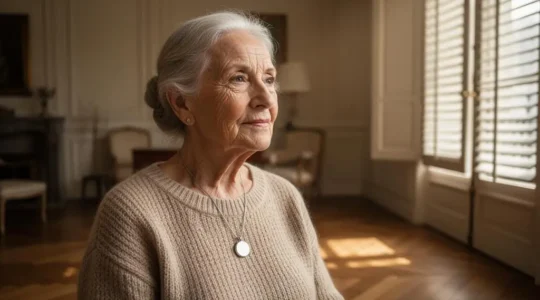 Une personne âgée assise dans son salon lumineux en France, tenant sereinement un médaillon de téléassistance autour du cou