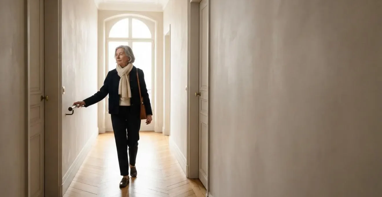 Personne âgée se déplaçant en toute sécurité dans un couloir dégagé et lumineux de son logement