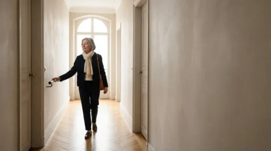 Personne âgée se déplaçant en toute sécurité dans un couloir dégagé et lumineux de son logement