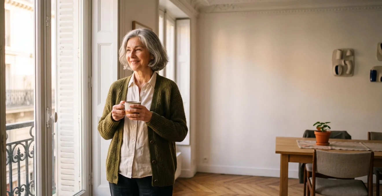 Personne senior souriante et active dans un intérieur lumineux et adapté, symbole d'une approche préventive de la santé après 65 ans