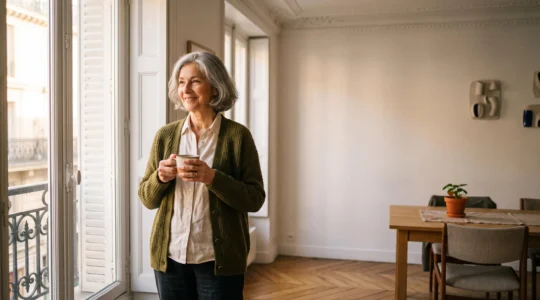 Personne senior souriante et active dans un intérieur lumineux et adapté, symbole d'une approche préventive de la santé après 65 ans
