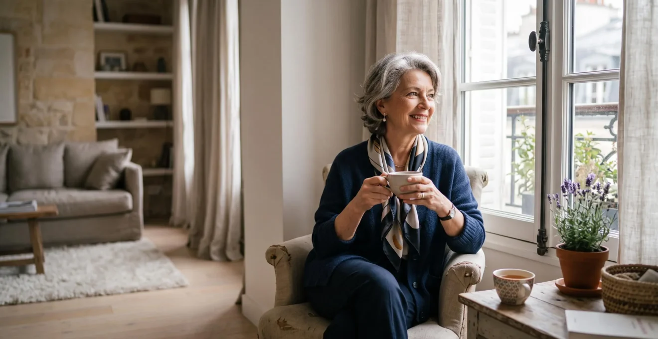 Femme senior souriante assise dans un salon lumineux et chaleureux, incarnant une vie personnelle riche et équilibrée après 65 ans