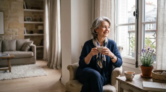 Femme senior souriante assise dans un salon lumineux et chaleureux, incarnant une vie personnelle riche et équilibrée après 65 ans