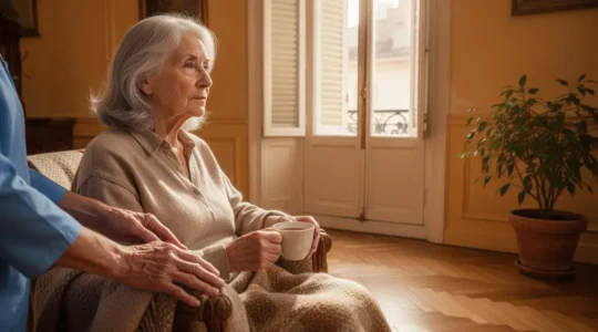 Personne âgée souriante installée confortablement dans son salon lumineux, accompagnée discrètement par une aide à domicile