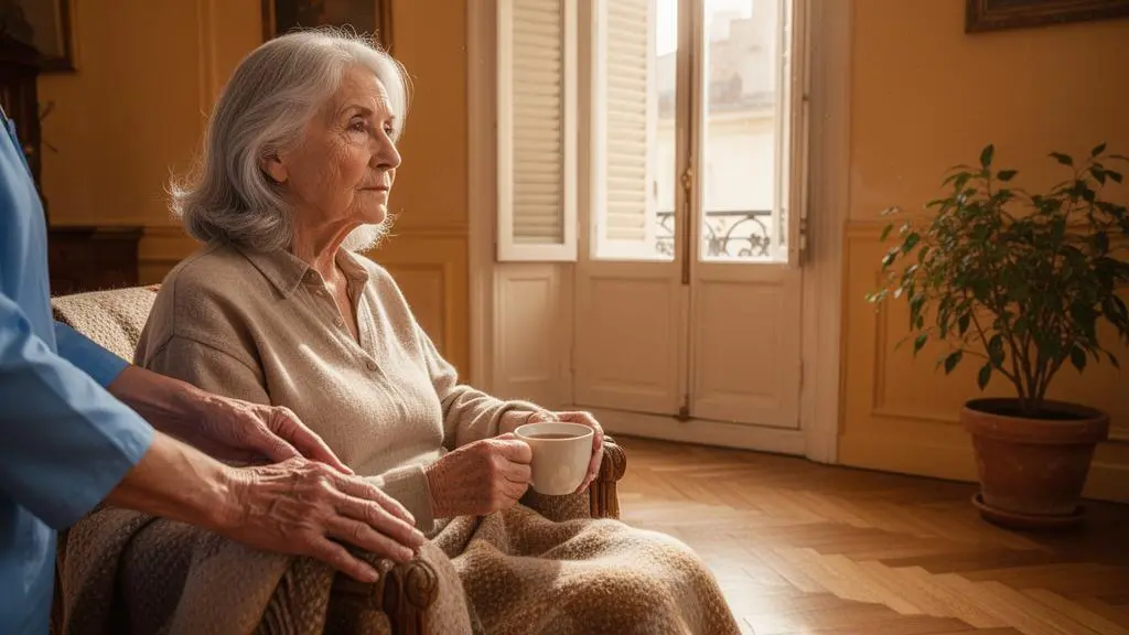 Personne âgée souriante installée confortablement dans son salon lumineux, accompagnée discrètement par une aide à domicile