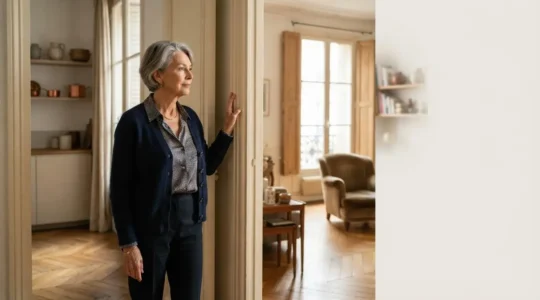 Personne agee de plus de 70 ans observant pensivement son salon baigne de lumiere naturelle, symbole de l'evaluation de ses besoins d'amenagement