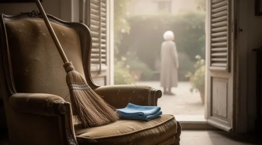 Intérieur lumineux d'un appartement français où un senior profite de temps libre près d'une fenêtre ouverte sur un jardin, symbole d'énergie retrouvée grâce à l'aide ménagère