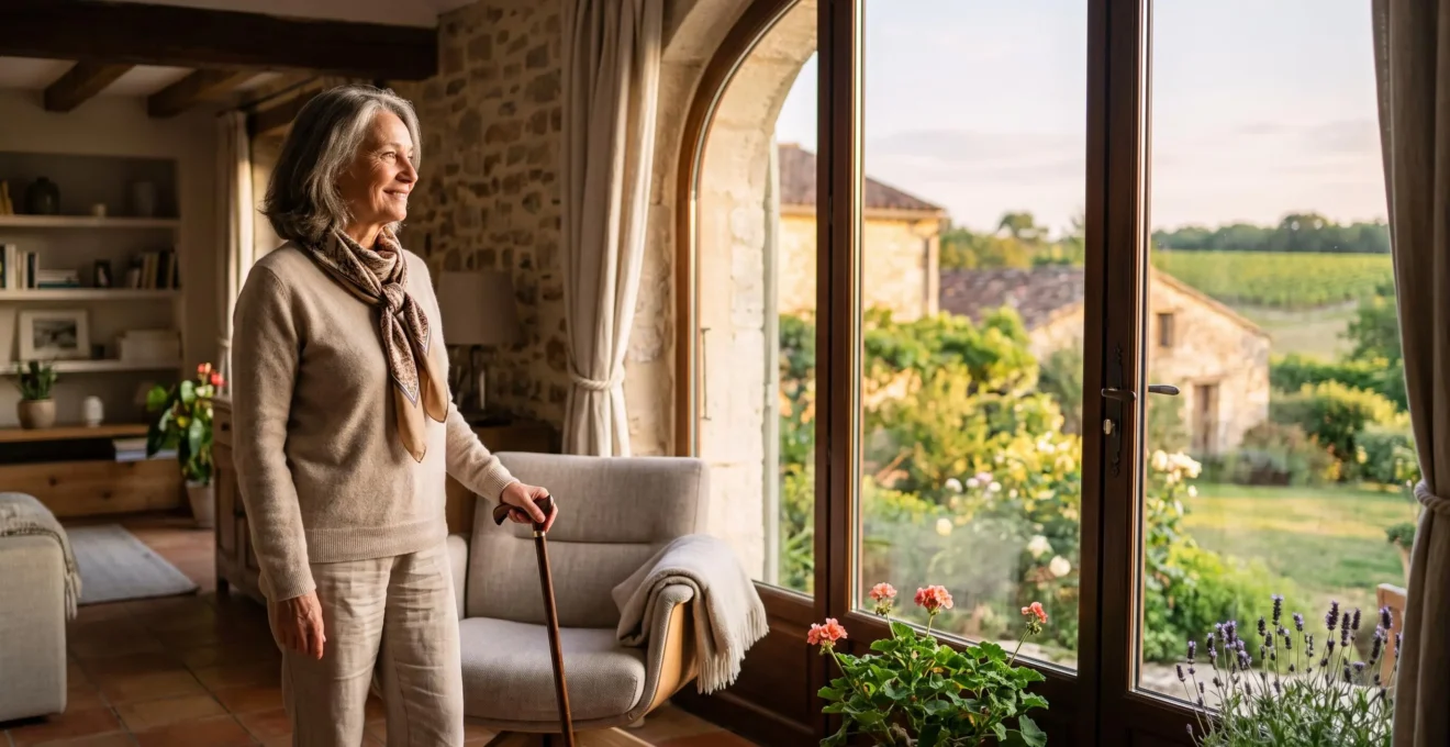 Personne âgée souriante et sereine dans un salon lumineux et adapté, symbole d'une qualité de vie retrouvée à domicile