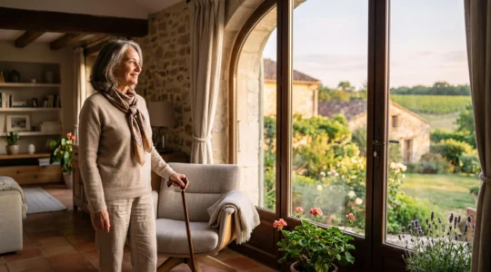Personne âgée souriante et sereine dans un salon lumineux et adapté, symbole d'une qualité de vie retrouvée à domicile