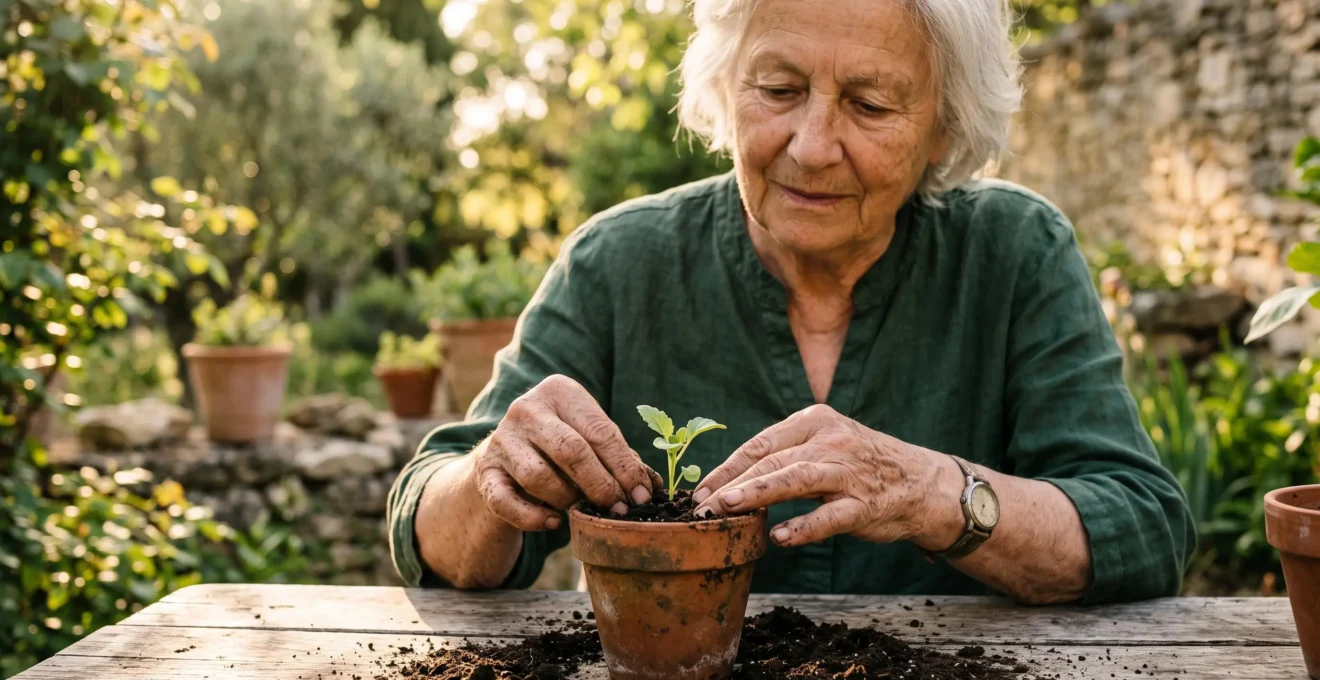 Mains d'une personne âgée française prenant soin d'une jeune pousse dans un jardin baigné de lumière douce, symbole de renouveau et de bien-être mental après 70 ans