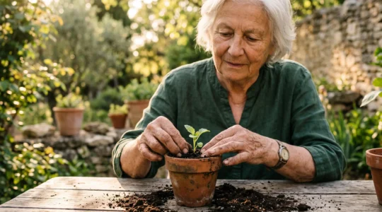 Mains d'une personne âgée française prenant soin d'une jeune pousse dans un jardin baigné de lumière douce, symbole de renouveau et de bien-être mental après 70 ans