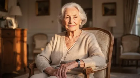 Personne âgée française portant un bracelet détecteur de chute dans son salon, symbole de sécurité et d'autonomie à domicile