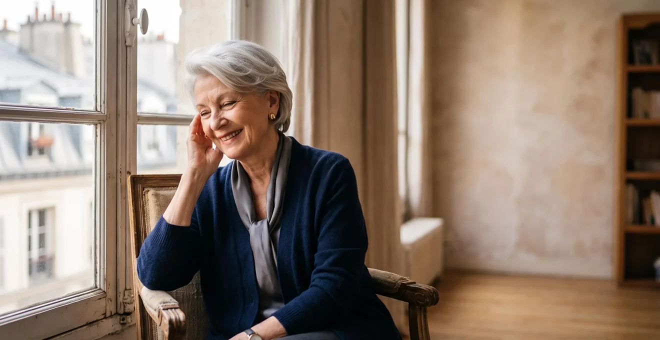 Portrait chaleureux d'une personne âgée française souriante, symbolisant le confort auditif retrouvé grâce aux appareils auditifs modernes
