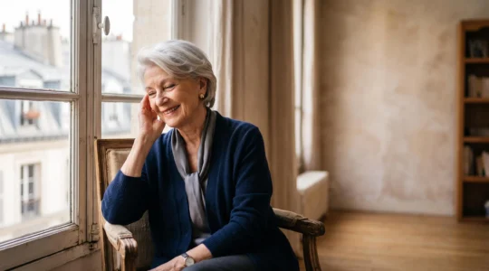 Portrait chaleureux d'une personne âgée française souriante, symbolisant le confort auditif retrouvé grâce aux appareils auditifs modernes