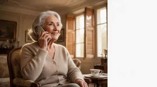 Personne agee souriante et sereine assise dans un salon lumineux, tenant un telephone simplifie a grosses touches, symbole de lien social preserve