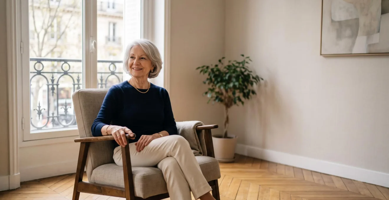 Personne âgée souriante et sereine dans un salon lumineux et épuré, symbole d'une meilleure qualité de vie à domicile