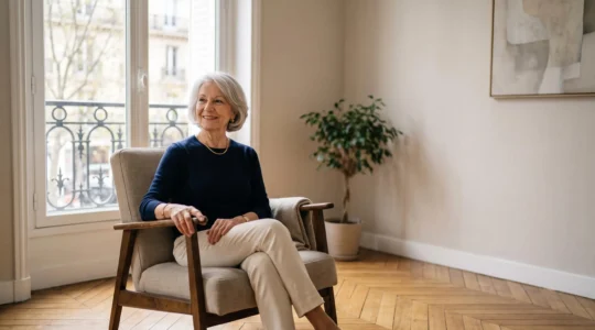 Personne âgée souriante et sereine dans un salon lumineux et épuré, symbole d'une meilleure qualité de vie à domicile