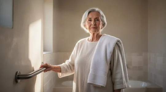 Personne âgée souriante et sereine dans sa salle de bain lumineuse et adaptée, symbole d'autonomie préservée au quotidien